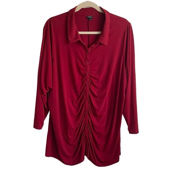 Torrid Women Tunic Top 6X Red Ruched Button Front Long Sleeve Workwear Office - Picture 1 of 11